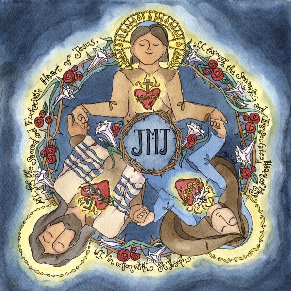 Holy Family with Sacred Heart, Immaculate Heart, Chaste Heart; +JMJ+; Personalized Gift for Family, Housewarming, Priest; Notecards Holycard