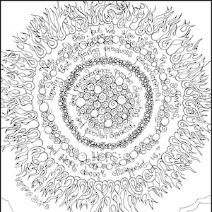 May include: Black and white coloring page featuring a circular design with the text "Not only this, but we also rejoice in our sufferings, knowing that suffering produces perseverance, perseverance, character, and character, hope; and hope doesn't disappoint us, because God's love has been poured out into our hearts through the Holy Spirit, who has been given to us."  The text is surrounded by a series of concentric circles with a floral design.