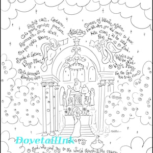 Può includere: Un disegno in bianco e nero a linee di un interno di chiesa con una donna inginocchiata in preghiera. Il disegno include testo in latino e inglese, tra cui le parole "Regina Caeli" e "Regina del Cielo".