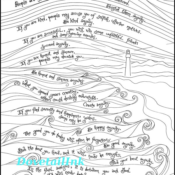 Be Kind Anyway - Mother Teresa Printable Coloring Page for Adults or Kids, Lighthouse, Ocean, Christian Art, Homeschool or Class Resource