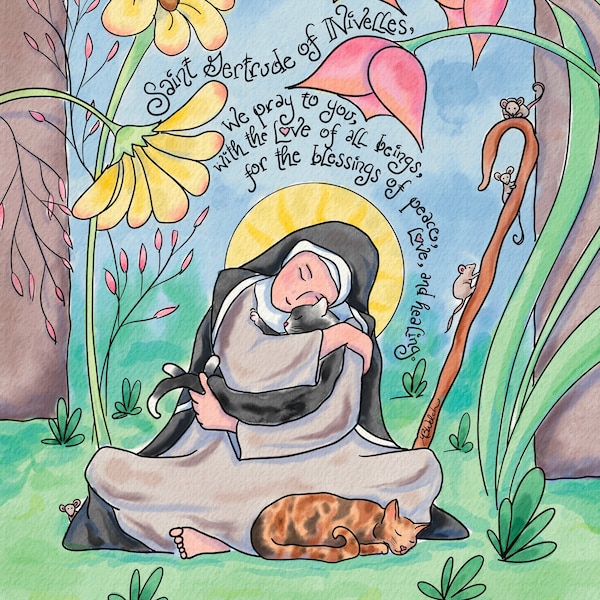 Patron Saint of Cats & Gardeners, St Gertrude of Nivelles; (St Roch Patron of Dogs coming soon!) Personalized Confirmation Gift; prayercards