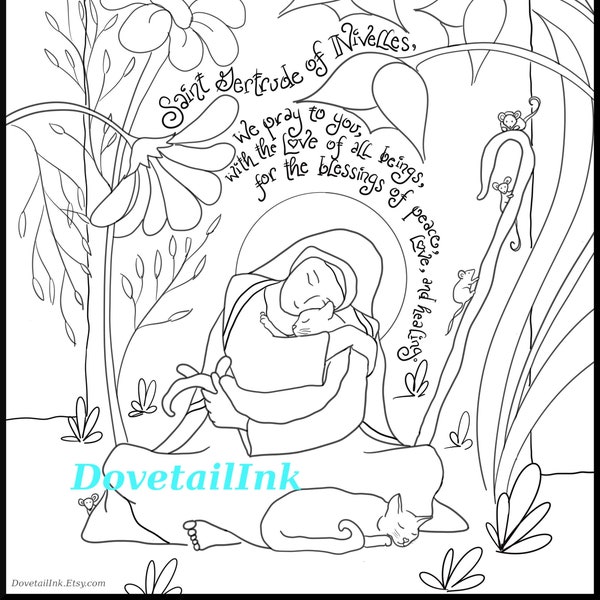 Printable Saint Gertrude of Nivelles Catholic Coloring Page for All Ages! Patron of Cats & Gardening; Homeschool, RE, RCIA, Retreat Activity