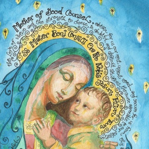 Notre-Dame du Bon Conseil, aquarelle, impression d'art catholique avec prière traditionnelle, Vierge à l'enfant, jeux de cartes, cartes de prière