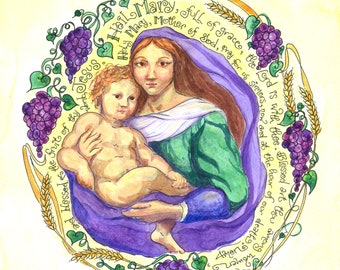 Madonna en kind katholieke kunst met weesgegroet, gepersonaliseerd cadeau eerste communie; Sixtijnse kapel, Raphael; Notitiekaarten in geschenkverpakking; Gebedskaarten