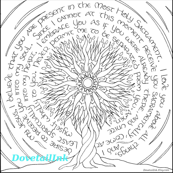 Printable Coloring Page with Spiritual Communion Prayer; All Ages; Eucharistic Adoration; Padre Pio; Monstrance; Tree of Life; Homeschool