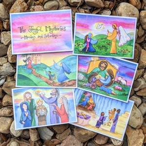 Rosary Set for Children (and Adults) - All 20 Mysteries with Meditations, Set of 24 Cards, Double-Sided Full Color, Catholic, RE, Homeschool