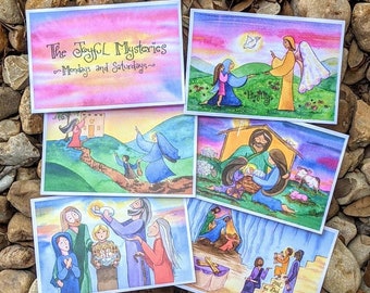 Rosary Set for Children (and Adults) - All 20 Mysteries with Meditations, Set of 24 Cards, Double-Sided Full Color, Catholic, RE, Homeschool