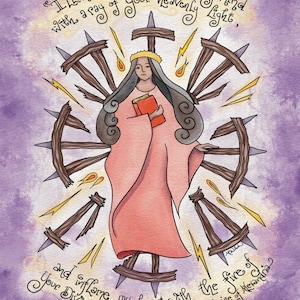 May include: Illustration of a woman in a pink robe, holding a red book, with a gold crown and long gray hair. The image includes text and is surrounded by wooden wheels with spikes and yellow lightning bolts, set against a purple background.
