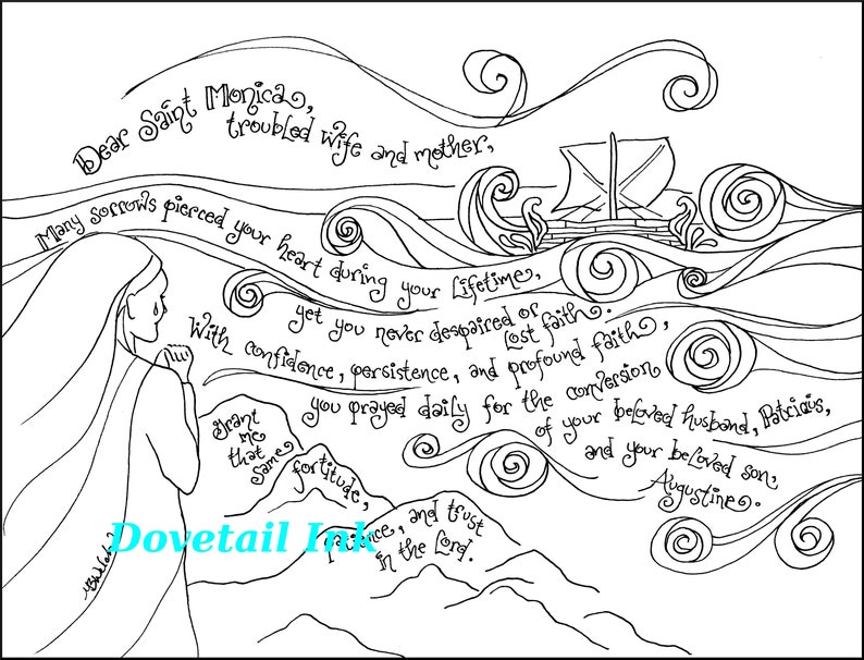 Printable Saint Monica Prayer Art Catholic Coloring Page for All Ages Homeschool, RE, RCIA, ACTS or Women's Retreat Activity image 1