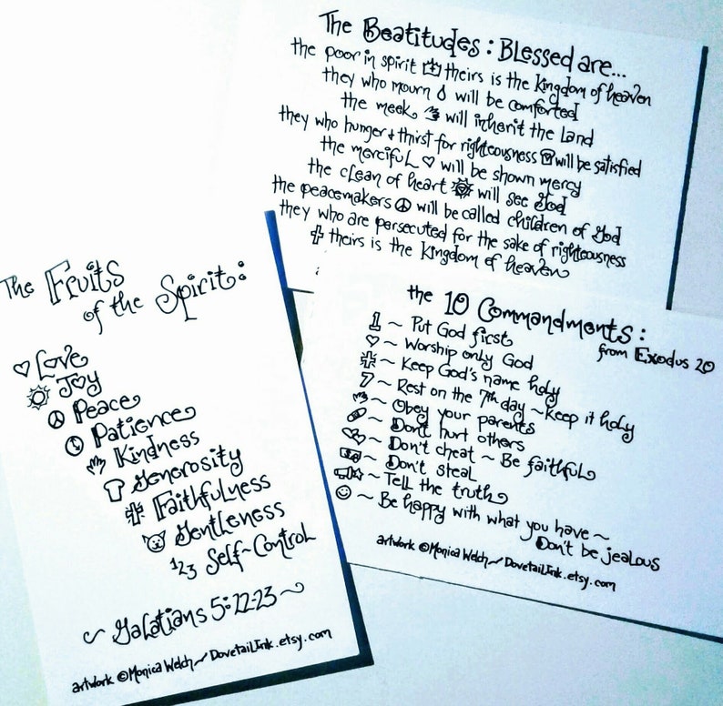 May include: Two handwritten lists on white paper with black ink. The first list is titled "The Fruits of the Spirit" and includes the words "Love, Joy, Peace, Patience, Kindness, Generosity, Faithfulness, Gentleness, Self-Control." The second list is titled "The 10 Commandments" and includes the words "Put God first, Worship only God, Keep God's name holy, Rest on the 7th day, Obey your parents, Don't hurt others, Don't cheat, Don't steal, Tell the truth, Be happy with what you have, Don't be jealous."