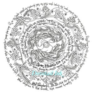 May include: Black and white line art illustration of a woman with a crown of flowers and a quote about the wonder of creation. The quote reads "How wondrous is that breath that roused humanity to life. Now Wonderful It Is, that the knowing heart divine has first known everything created!"