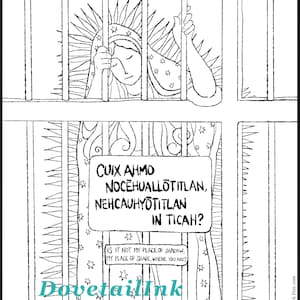 May include: Black and white line art illustration of a figure behind bars, with text in a speech bubble. The figure wears a star-studded garment and a halo. The text reads, "Is it not my place of shadow, my place of shade, where you are?" DovetailInk is also visible.