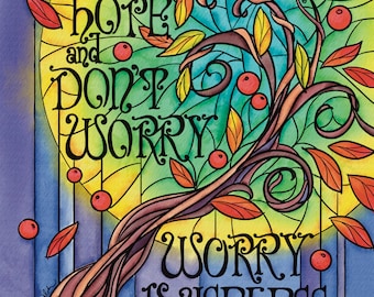 Pray, Hope and Don’t Worry - Stained Glass Style Art Print; Saint Padre Pio; Personalized Confirmation Gift; Autumn; Notecards Prayercards