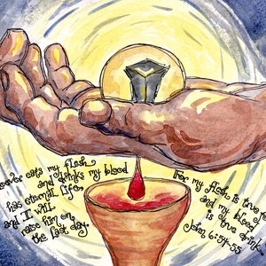 Echte aanwezigheid - gepersonaliseerd cadeau voor priester, eerste communie; Eucharistie; Johannes 6 54-55 Katholieke kunst; Prenten, notitiekaarten, gebedskaarten Heilige kaart