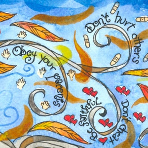 May include: Watercolor illustration with a blue background and brown, orange, and gray swirls. The text "Don't hurt others", "Don't cheat", "Be faithful", and "Obey your parents" is written in black cursive.