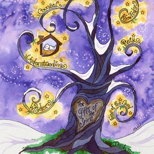 May include: A watercolor painting of a tree with a heart-shaped trunk. The heart has the words "The Gifts of the Spirit" written inside. The branches of the tree are curled and have the words "Fortitude", "Counsel", "Knowledge", "Piety", "Wisdom", "Understanding", and "Fear of the Lord" written on them. The tree is set against a purple background with white stars. The words "Isaiah 11:1-19" are written at the bottom of the painting.