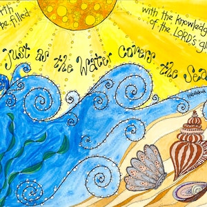 Habacuc 2:14 Arte de las Escrituras del Océano, Regalo personalizado, "Como el agua cubre el mar", playa, conchas, océano; doxología; Tarjetas de notas Tarjetas de oración