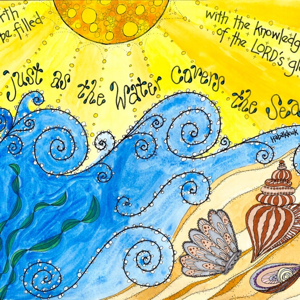 Habakkuk 2:14 Ocean Scripture Art, Personalized Gift, "As the Water Covers the Sea", beach, shells, ocean; Doxology; Notecards Prayercards