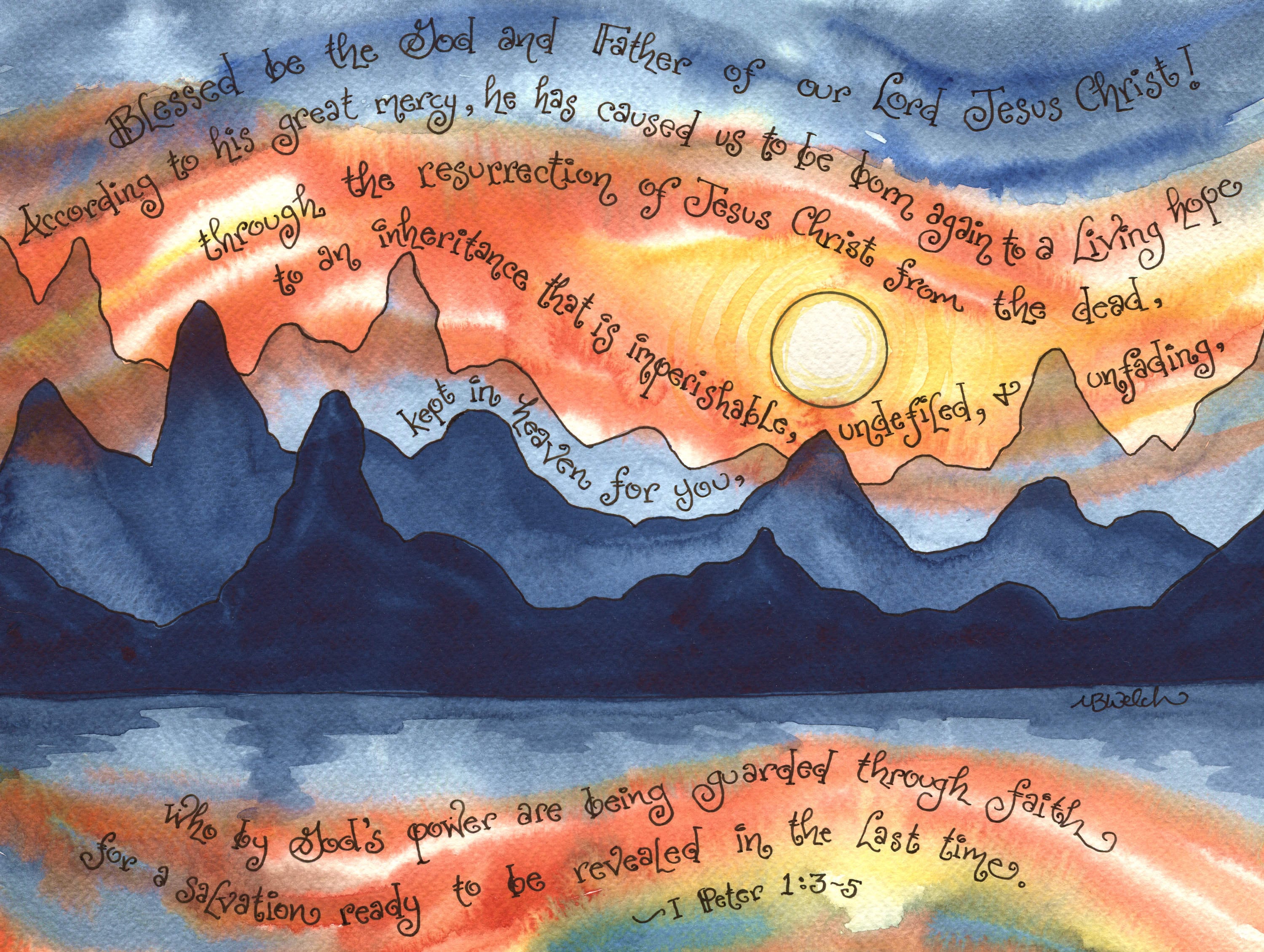 Inspirational Christian Art With Mountain Sunset and 1 Peter 1:3-5,  Scripture, Print of Watercolor, Orange Blue Masculine, Personalized Gift 
