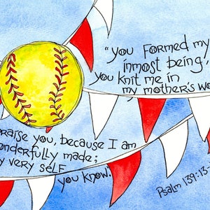 Baseball ou softball - cadeau de première communion personnalisé pour garçon ou fille ; Impression d'art Psaume 139, chrétien, cartes de correspondance, faveur de carte de prière
