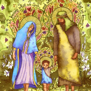 Marche de la Sainte Famille - Série Notre-Dame des Lys n° 3 ; Aquarelle catholique, citation de sainte Claire, vierge à l'enfant, carte de prière Holycard notecard