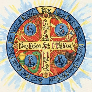 Médaille de Saint Benoît en latin et en anglais, lot de 2 - décoration catholique, cadeau de confirmation personnalisé, pendaison de crémaillère, prêtre ; Carte pour lettres Holycard