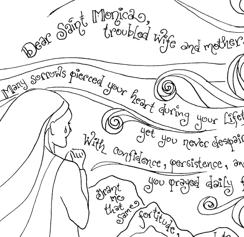 Printable Saint Monica Prayer Art Catholic Coloring Page for All Ages Homeschool, RE, RCIA, ACTS or Women's Retreat Activity image 2