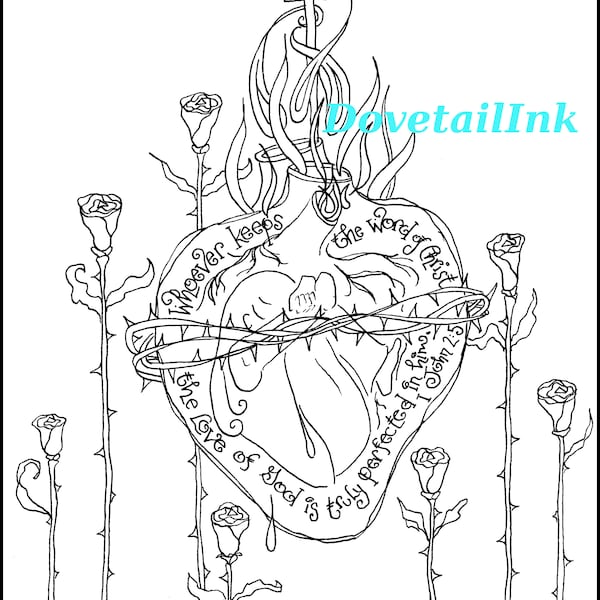 Printable Sacred Heart Coloring Page for Girls, Catholic, for ALL Ages, 1 John 2:5, RE Class, First Confession, Women's Retreats, ACTS