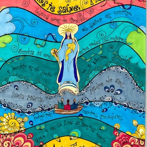 Je vous salue Marie en espagnol avec Notre-Dame de la Charité, impression d'art personnalisée ; Dios Te Salve María, la Virgen de la Caridad ; Cartes de correspondance, cartes de prière