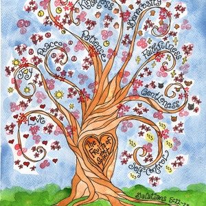 May include: A watercolor painting of a tree with a heart-shaped trunk. The branches are curled and have words written on them, including "Love", "Joy", "Peace", "Patience", "Kindness", "Goodness", "Faithfulness", "Gentleness", and "Self-Control". The words are surrounded by small flowers and other decorative elements. The text "The Fruits of the Spirit" is written inside the heart-shaped trunk. The text "Galatians 5:22-23" is written at the bottom of the painting.