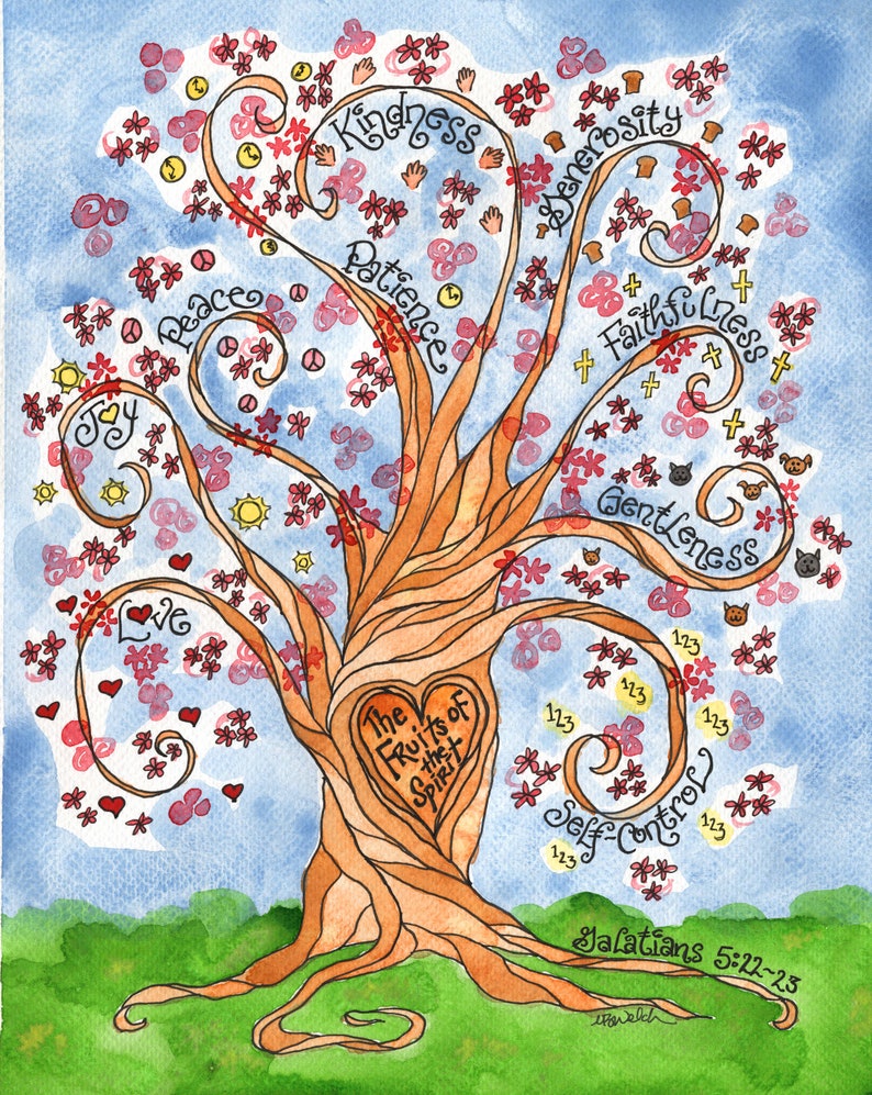May include: A watercolor painting of a tree with a heart-shaped trunk. The branches are curled and have words written on them, including "Love", "Joy", "Peace", "Patience", "Kindness", "Goodness", "Faithfulness", "Gentleness", and "Self-Control". The words are surrounded by small flowers and other decorative elements. The text "The Fruits of the Spirit" is written inside the heart-shaped trunk. The text "Galatians 5:22-23" is written at the bottom of the painting.