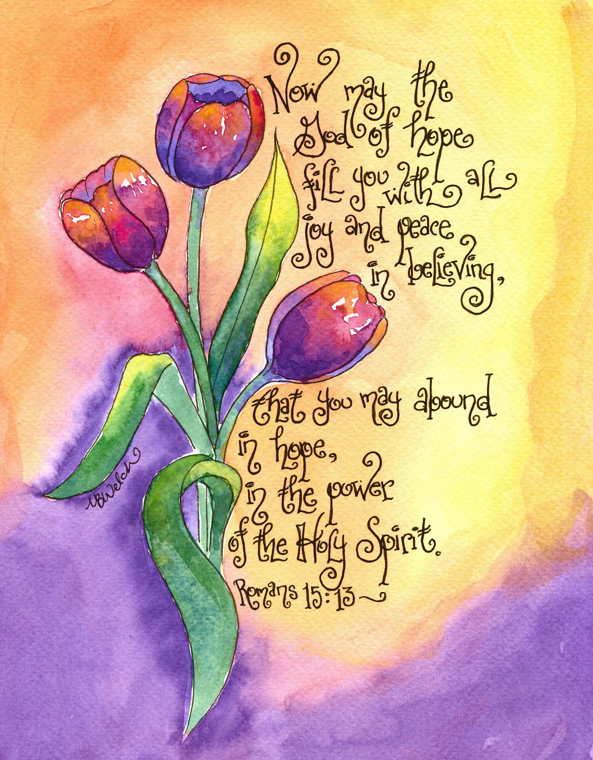Romans 15:13 with Tulips - Hope, Joy, Peace, Holy Spirit - Personalized Gift for Mom; Confirmation Gift; Mother's Day; Notecards Prayercards