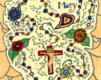 May include: A colorful illustration of a religious image with the words "Hail Mary" and a cross with a figure of Jesus Christ. The image is surrounded by flowers and vines.