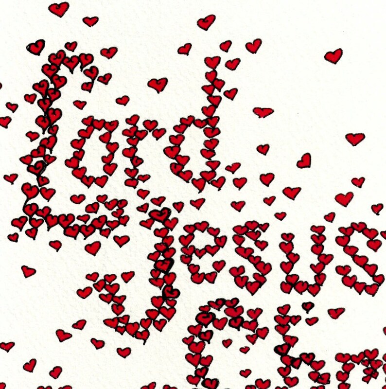 May include: Artwork featuring the words "God Loves Jesus" written in red heart shapes on a white background. Scattered red hearts surround the text, creating a visually appealing design. The image has a textured appearance.