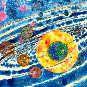 Magnificat Prayer Art with Solar System Watercolor; Personalized Confirmation Gift with Luke 1:46-55 Scripture, Christian Boys Room Decor