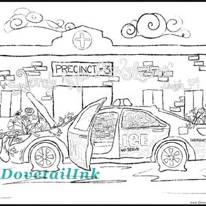 Könnte beinhalten: Schwarz-Weiß-Illustration eines Polizeiautos mit Blumen, die daraus wachsen. Die Autotür ist geöffnet und die Motorhaube ist hochgeklappt. Der Text enthält "PRECINCT 3", "ICE AND SERVE" und "EMERGENCY HELP IS HERE".