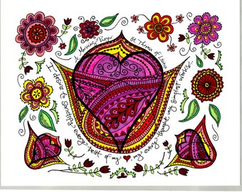May include: A colorful illustration of a heart with intricate patterns and swirls. The heart is surrounded by flowers and leaves. The text "Morning Prayer" and "St. Therese of Lisieux" are written in cursive. The text "I desire to Sanctify every beat of my, my every thought, my simplest works..." is written around the heart.