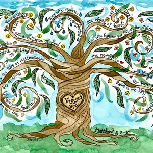 Four Seasons Tree Art with Beatitudes, Fruits/Gifts of the Spirit; Ten Commandments, Christian, Catholic; Art Prints, Notecards, Prayercards image 2