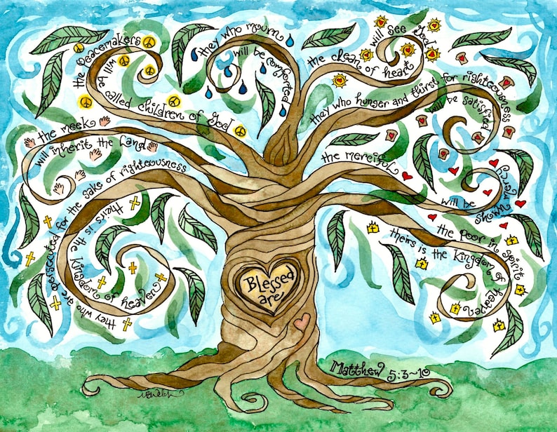 Four Seasons Tree Art with Beatitudes, Fruits/Gifts of the Spirit; Ten Commandments, Christian, Catholic; Art Prints, Notecards, Prayercards image 2