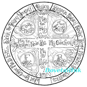 May include: Black and white line art illustration of a circle with a cross in the centre. The cross has the words "May the Holy Cross" written on it. The circle has the words "Drink the Poison Yourself! Peace Begone Satan! Never Tempt Me With" written around it.