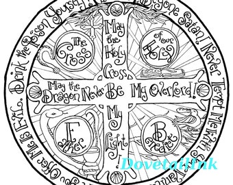 Printable Saint Benedict&#39;s Medal Catholic Coloring Page for All Ages! Set of 2 in English and Latin; Homeschool, RE, RCIA, Retreat Activity
