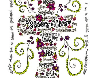 Sisters in Christ Personalized Gift; Cross Wordart with Matthew 18:20, Retreats; Journals, Notecards, Prayercards; Christian Catholic