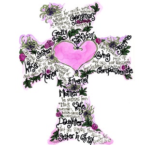 Puede incluir: Un corazón rosa con un diseño floral y las palabras "Godly Faithful Generous" a su alrededor. El corazón está rodeado de palabras que describen las virtudes de una mujer, incluyendo "Hermana, Esposa, Madre, Amiga, Hija, Hermana en Cristo".