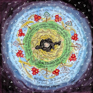 St Hildegard of Bingen with Hymn & Spelt Field; Confirmation Gift; gluten free, kitchen, dining room; square or circle; Notecards Prayercard