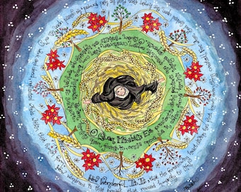 St Hildegard of Bingen with Hymn & Spelt Field; Confirmation Gift; gluten free, kitchen, dining room; square or circle; Notecards Prayercard