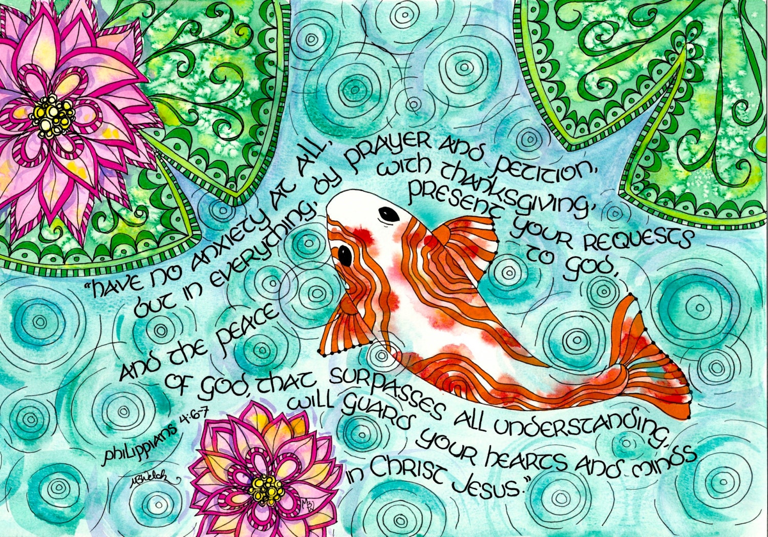 Philippians 4 6-7 Scripture Art With Koi Fish, Lily Pads, Print of  Watercolor, Peaceful Christian Art, Teal, Blue Green, Teen Decor or Gift -   Singapore