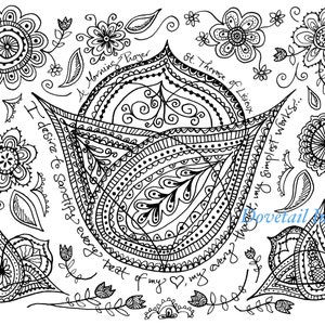 Può includere: Illustrazione in bianco e nero di una linea d'arte di un fiore stilizzato con dettagli intricati. L'illustrazione include il testo "Morning Prayer", "St. Therese of Lisieux", e "I desire to sanctify every beat of my heart, my every simplest work".