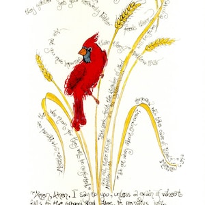 Cardinal et blé - cadeau de sympathie à imprimer ; béatitudes Matthieu 5 et 6, grain de blé Jean 12 ; Téléchargement instantané couleur 5 x 7 et 8 x 10