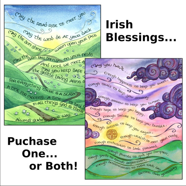 Irish Blessing Watercolors "May the Road" and "Enough," Personalized Graduation Gift, Confirmation, Sympathy; Art Print, Notecards Holycards