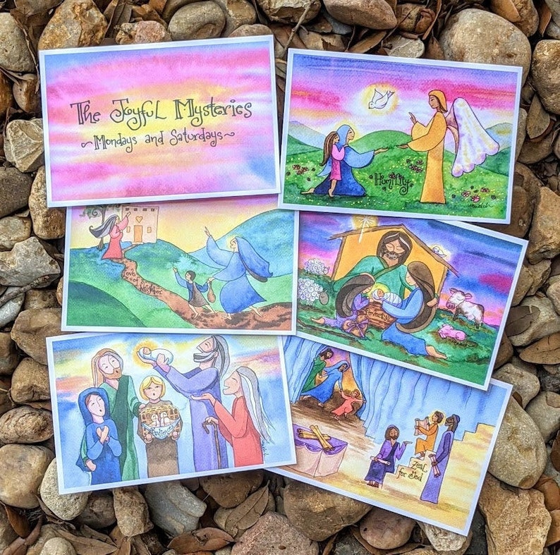Rosenkranz-Set für Kinder und Erwachsene Alle 20 Geheimnisse mit Meditations, Set mit 24 Karten, doppelseitig farbig, katholisch, RE, Hausschule Bild 1